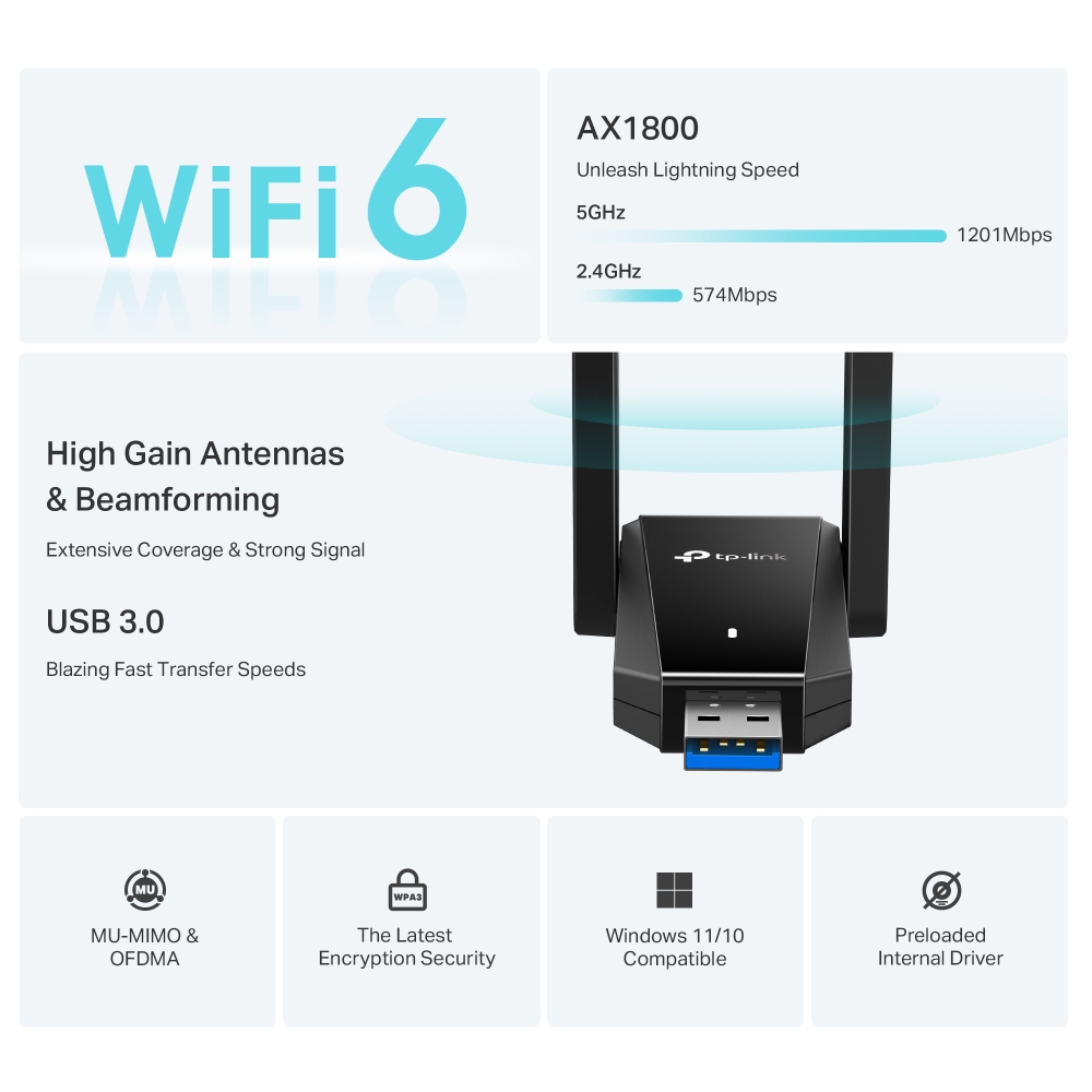 Caracteristicas tecnicas de ARCHER TX30U PLUS Adaptador USB TP-LINK WiFi 6 AX1800 dual band (5GHz/2.4GHz)