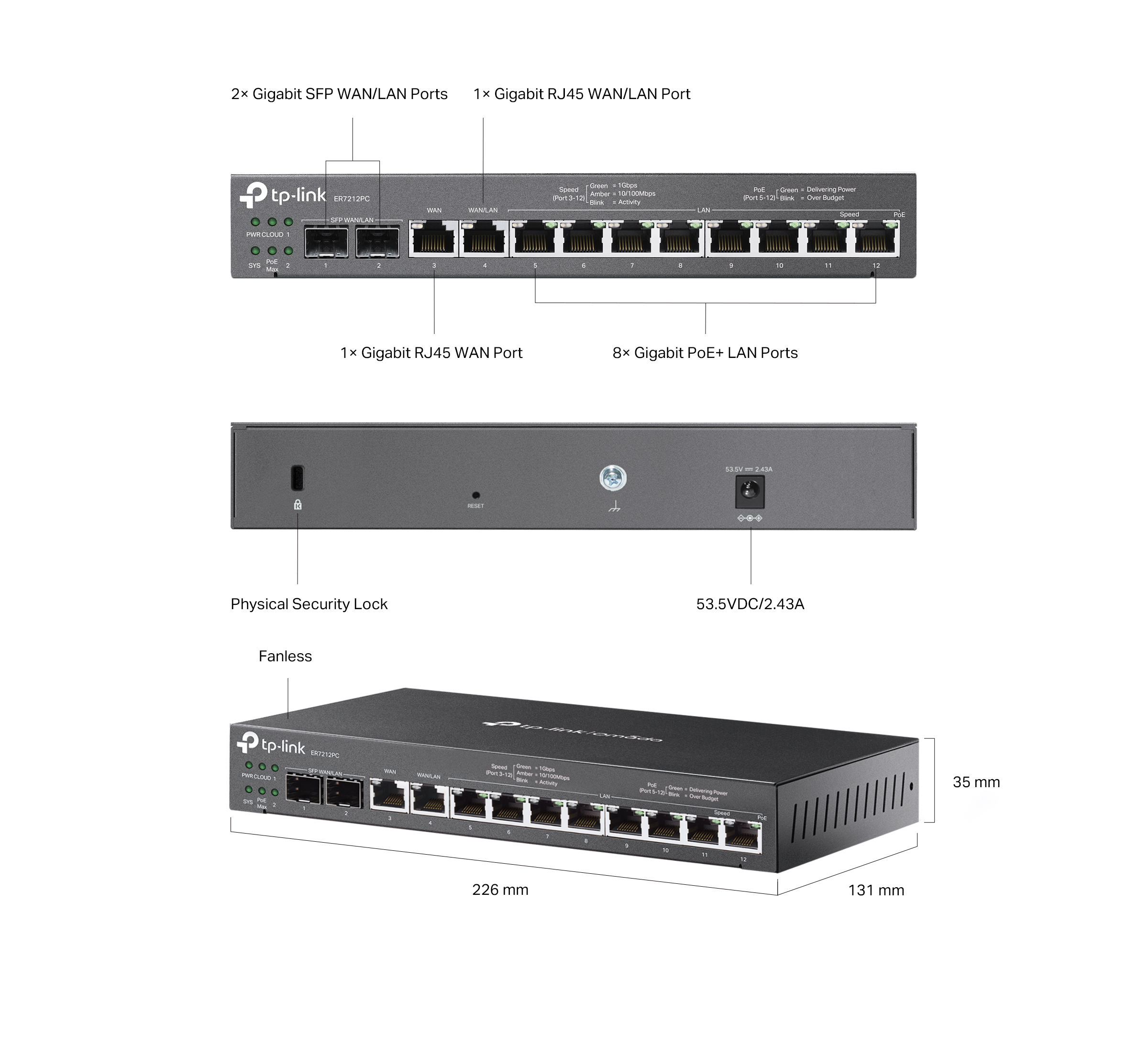 Caracteristicas tecnicas de ER7212PC Gateway Omada 3-en-1, 12 Gb (8 PoE+ 110W), 4 WAN (2 SFP, 2 RJ45), controlador integrado p/12 disp., VPN