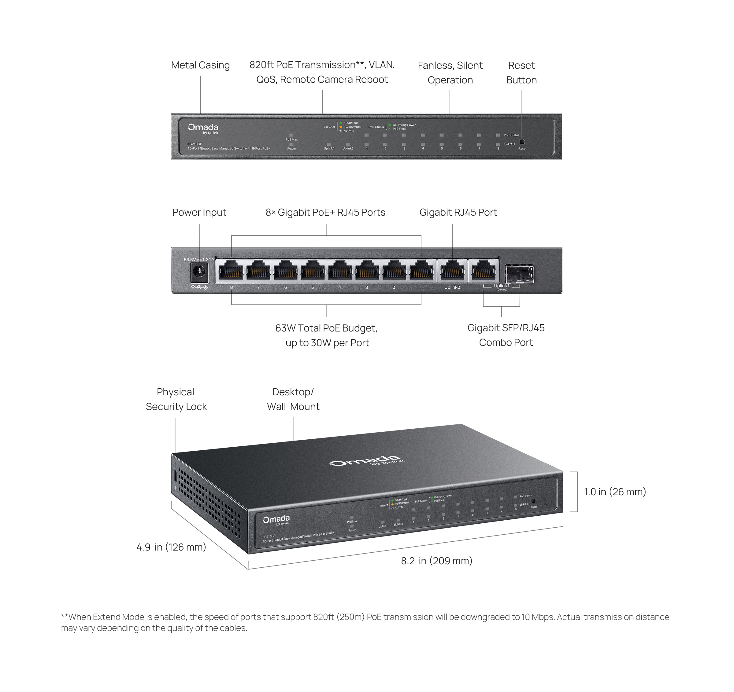 Caracteristicas tecnicas de ES210GP Omada Switch Easy Managed 10 puertos Gigabit, 8×PoE+ + 1×RJ45 + 1×Combo RJ45/SFP