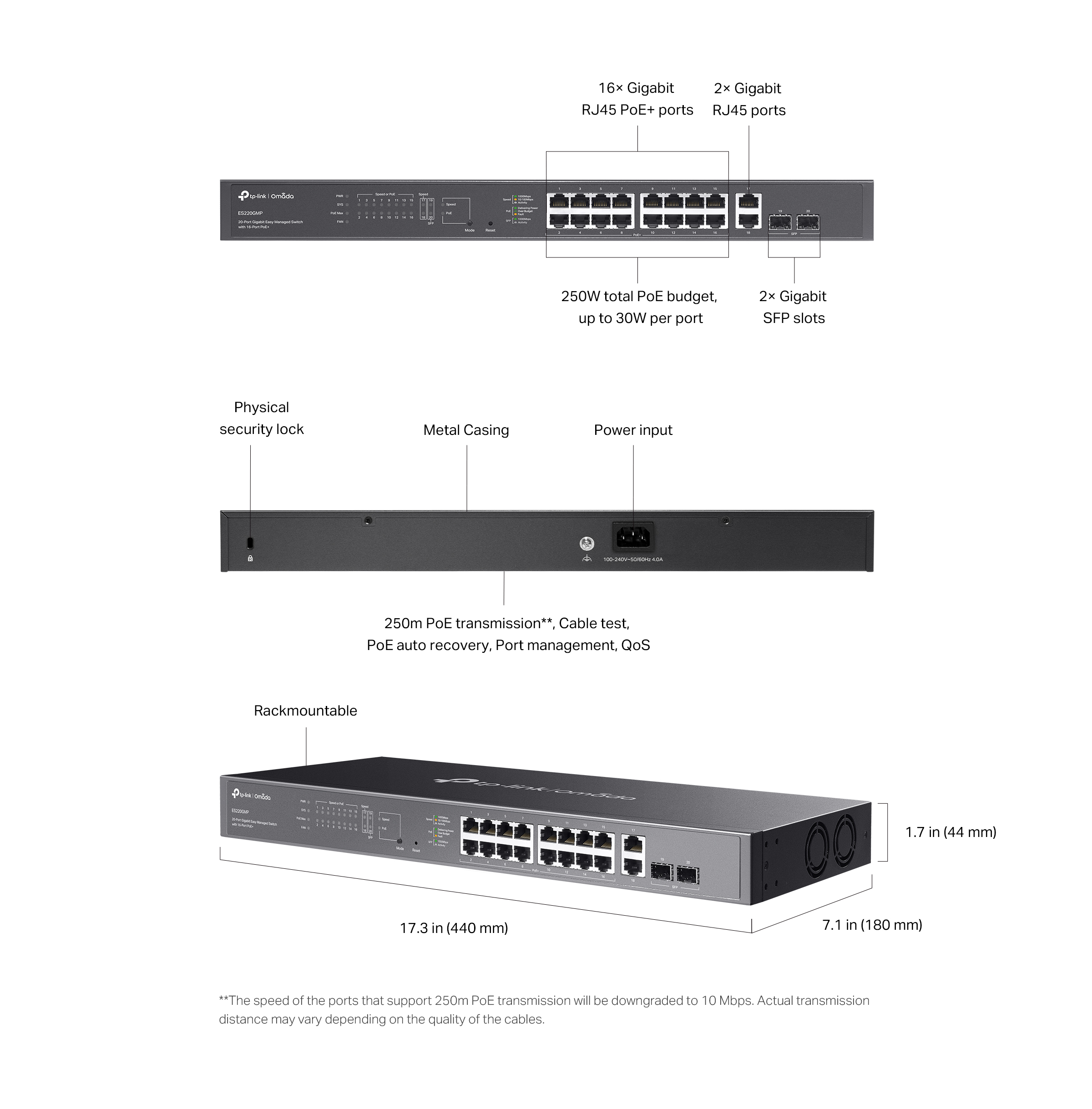 Caracteristicas tecnicas de ES220GMP Switch administrable Omada L2+, 16 Gb PoE+ (250W), 2 Gb, 2 SFP 1G