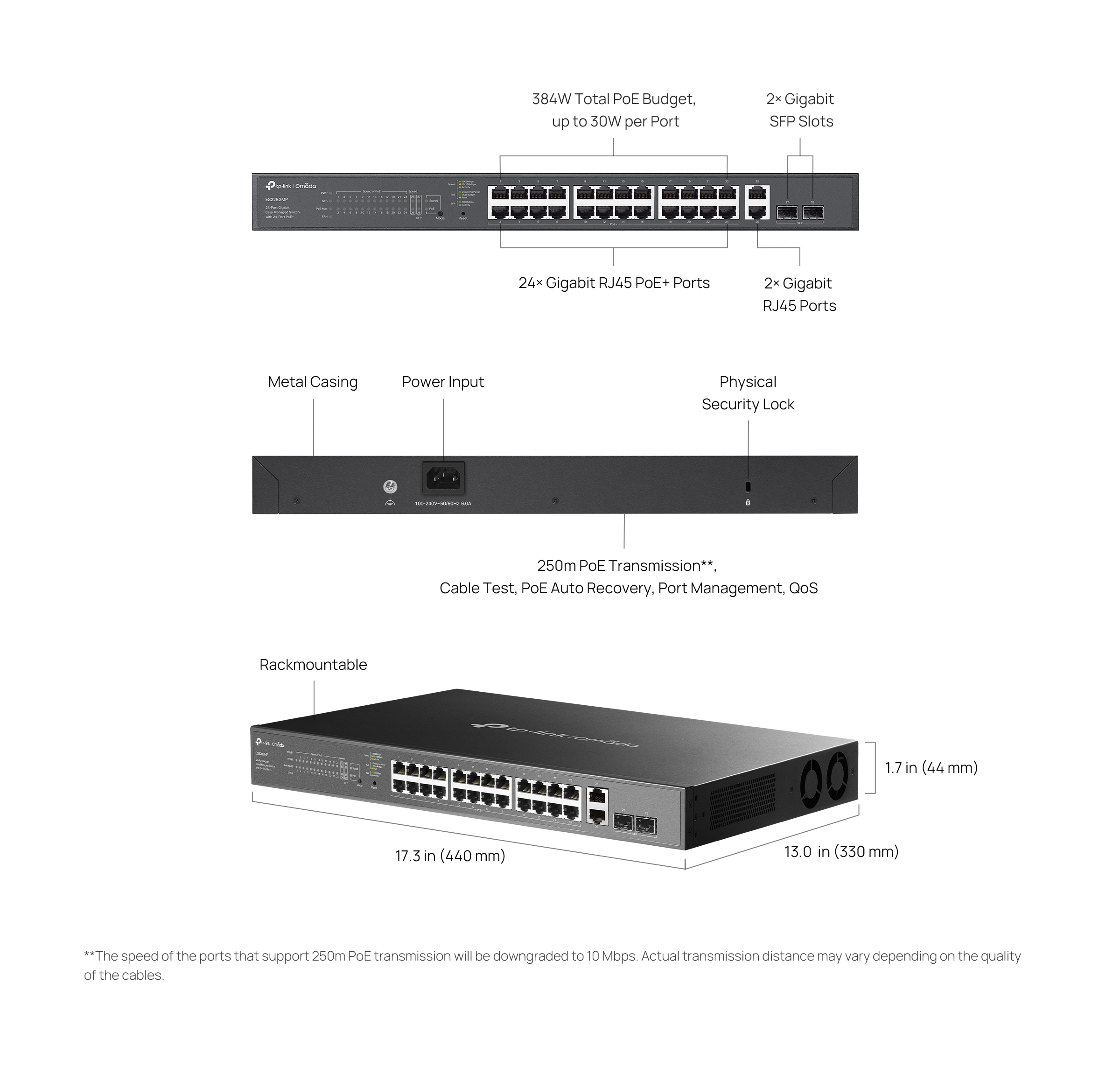 Caracteristicas tecnicas de ES228GMP Switch administrable Omada L2+, 24 Gb PoE+ (384W), 2 Gb, 2 SFP 1G