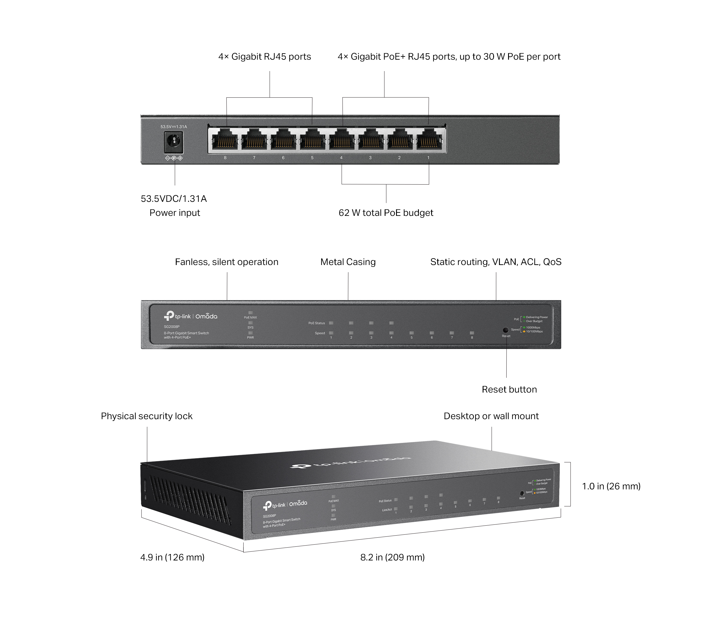 Caracteristicas tecnicas de SG2008P Switch administrable Omada L2+, 8 Gb (4 PoE+ 62W)