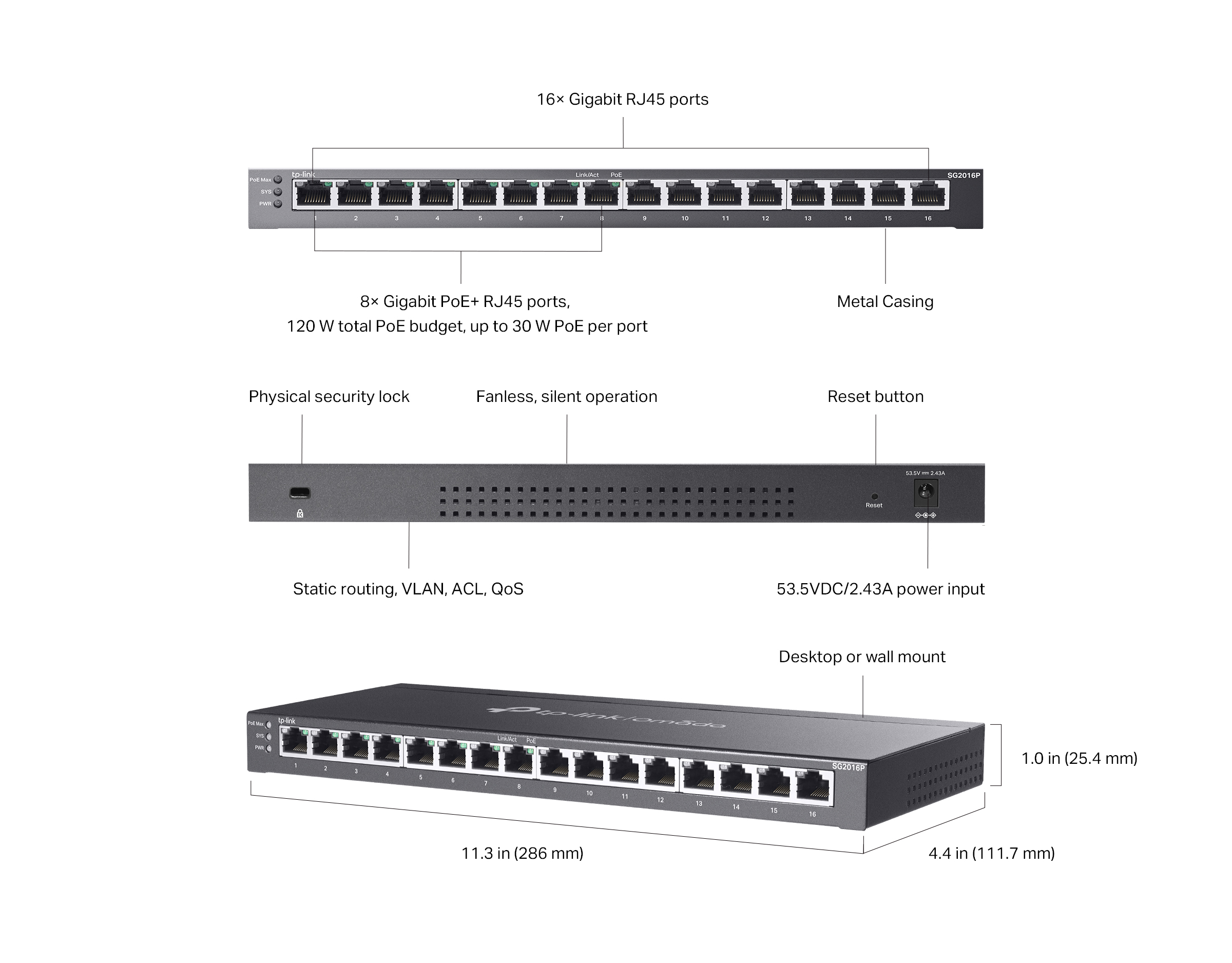 Caracteristicas tecnicas de SG2016P Switch administrable Omada L2+, 16 Gb (8 PoE+ 120W)