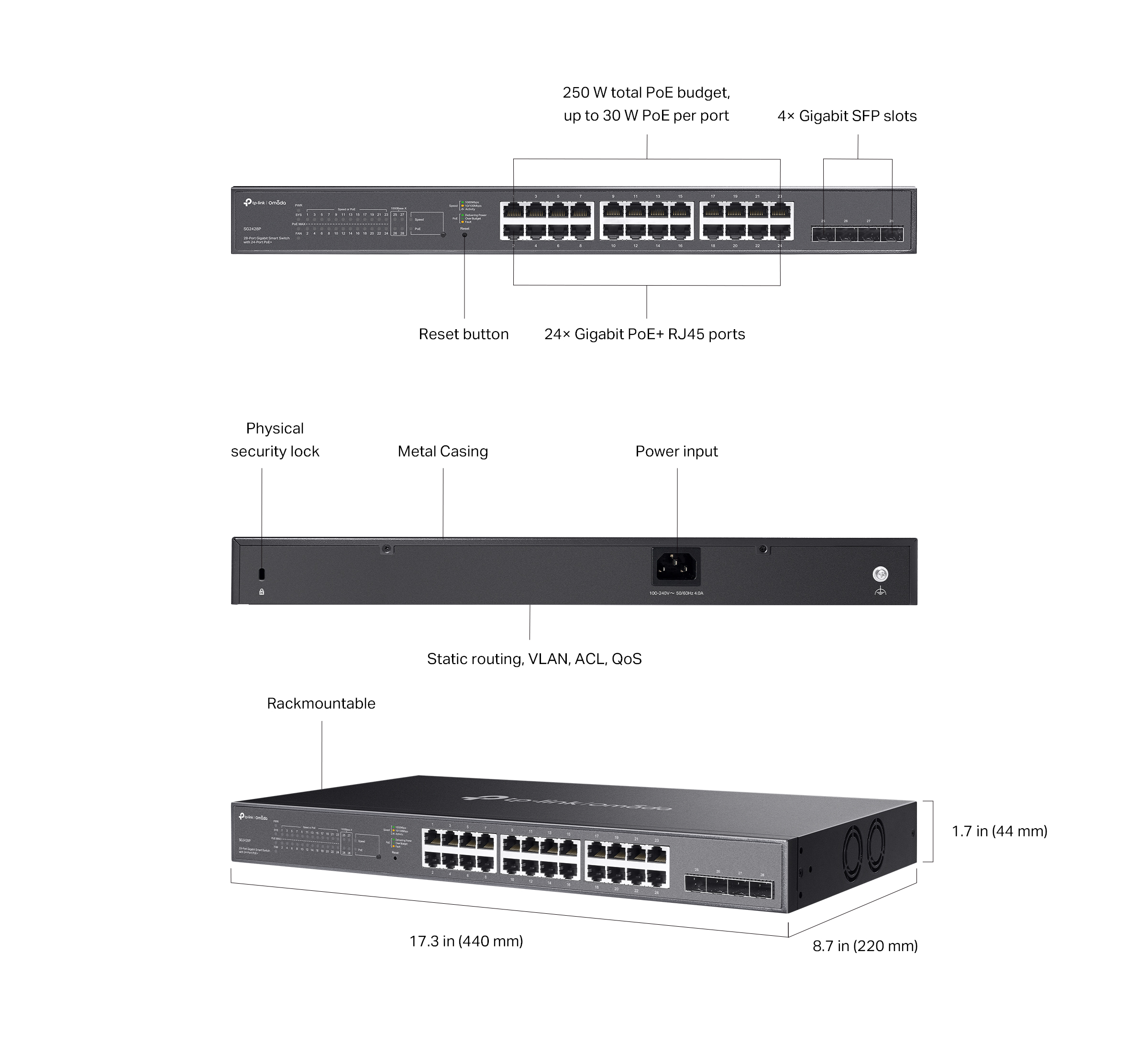 Caracteristicas tecnicas de SG2428P Switch administrable Omada L2+, 24 Gb PoE+ (250W), 4 SFP 1G