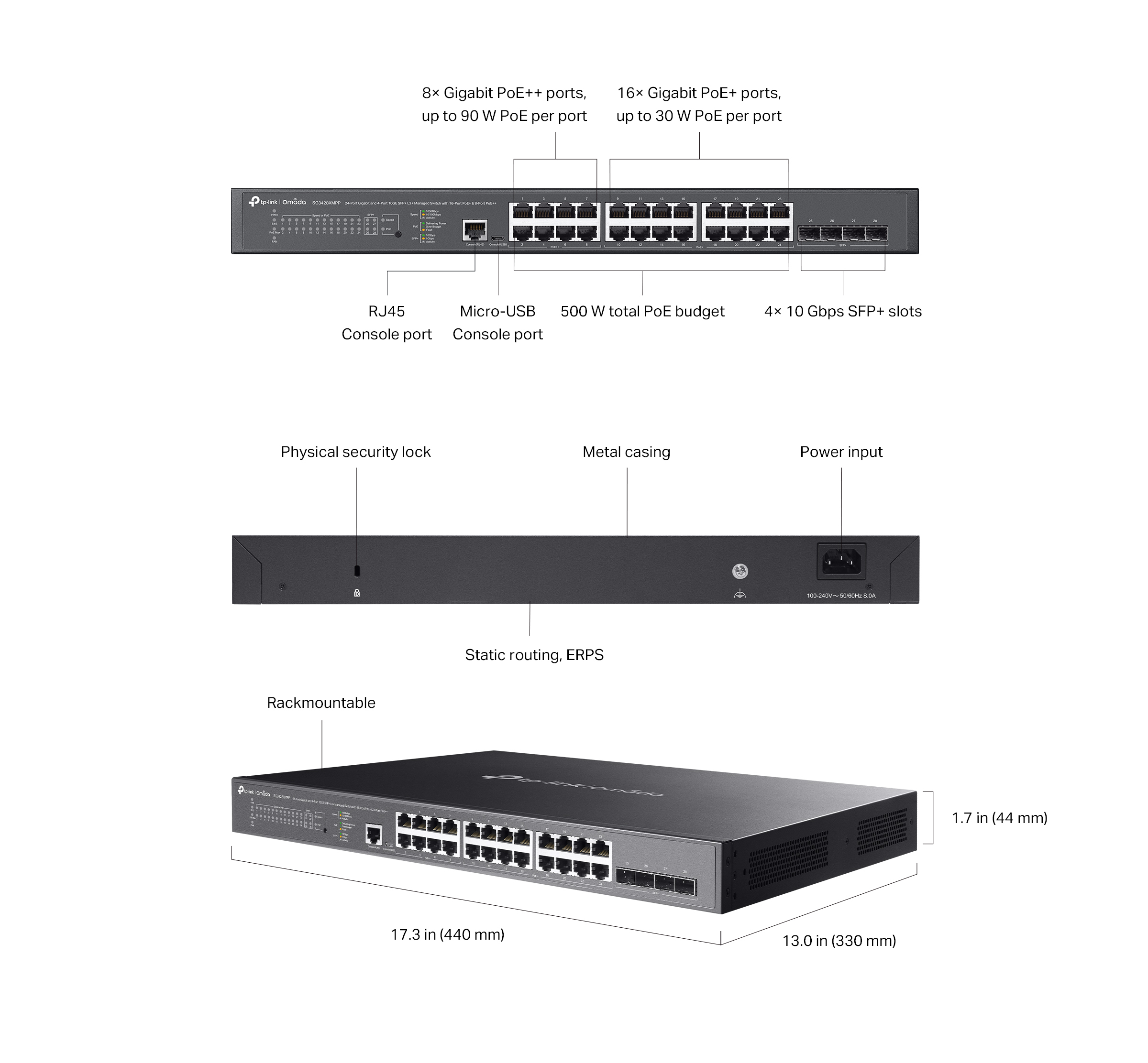 Caracteristicas tecnicas de SG3428XMPP Switch administrable Omada L2+, 24 Gb (8 PoE++/16 PoE+) 500W, 4 SFP+ 10G