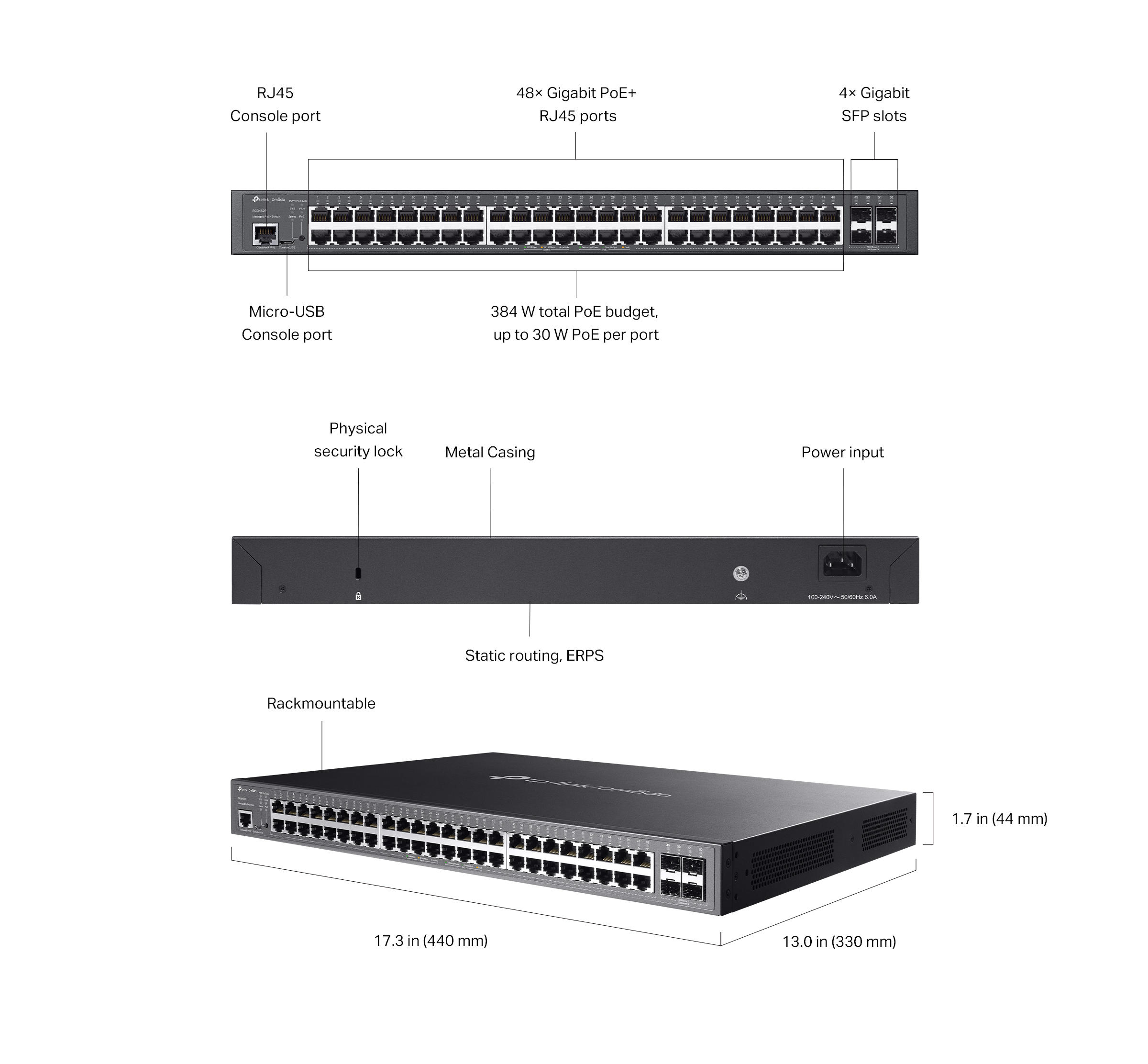 Caracteristicas tecnicas de SG3452P Switch administrable Omada L2+, 48 Gb PoE+ (384W), 4 SFP 1G