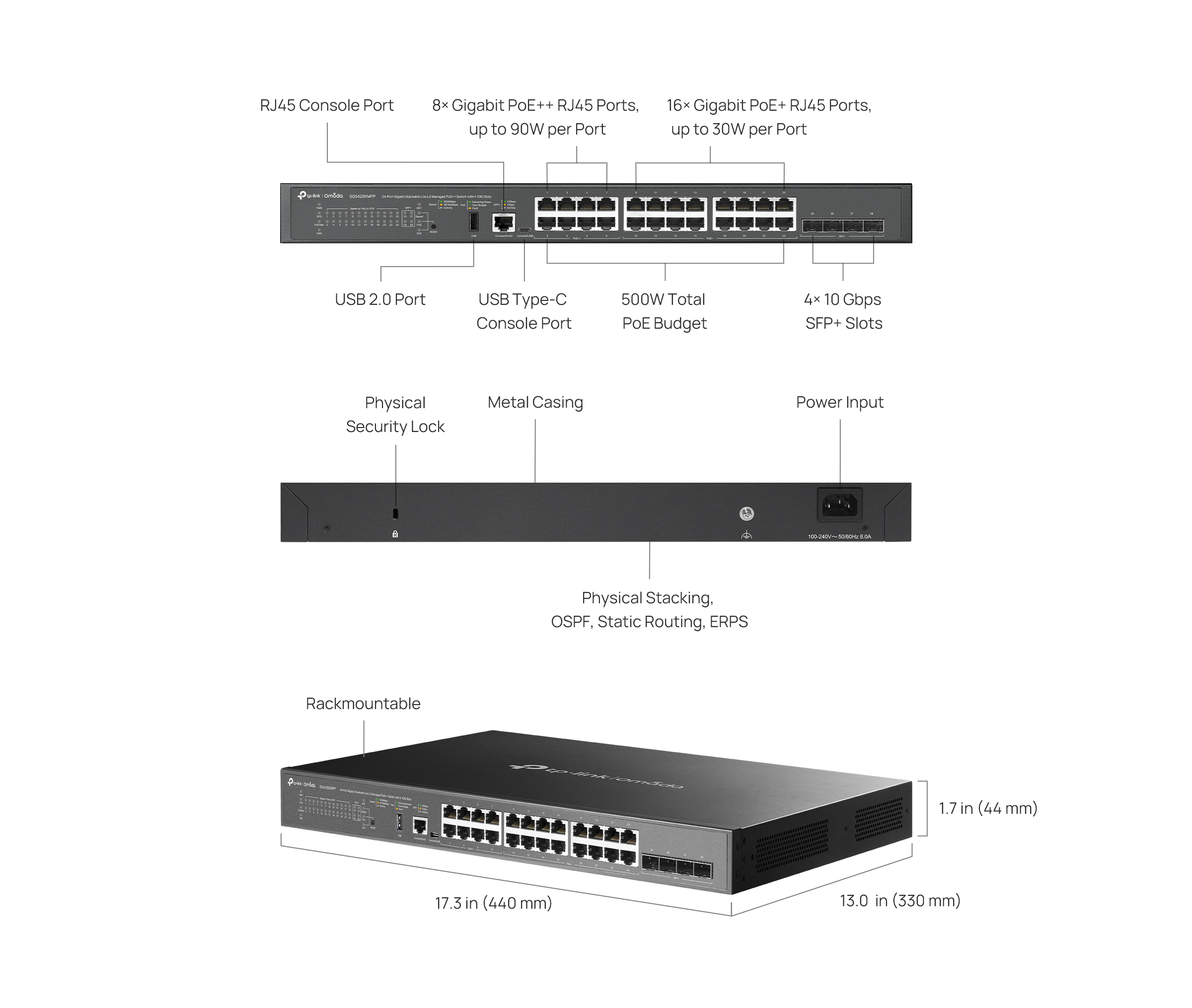 Caracteristicas tecnicas de SG5428XMPP Switch administrable Omada L3, 24 Gb PoE++/PoE+ (500W), 4 SFP+ 10G