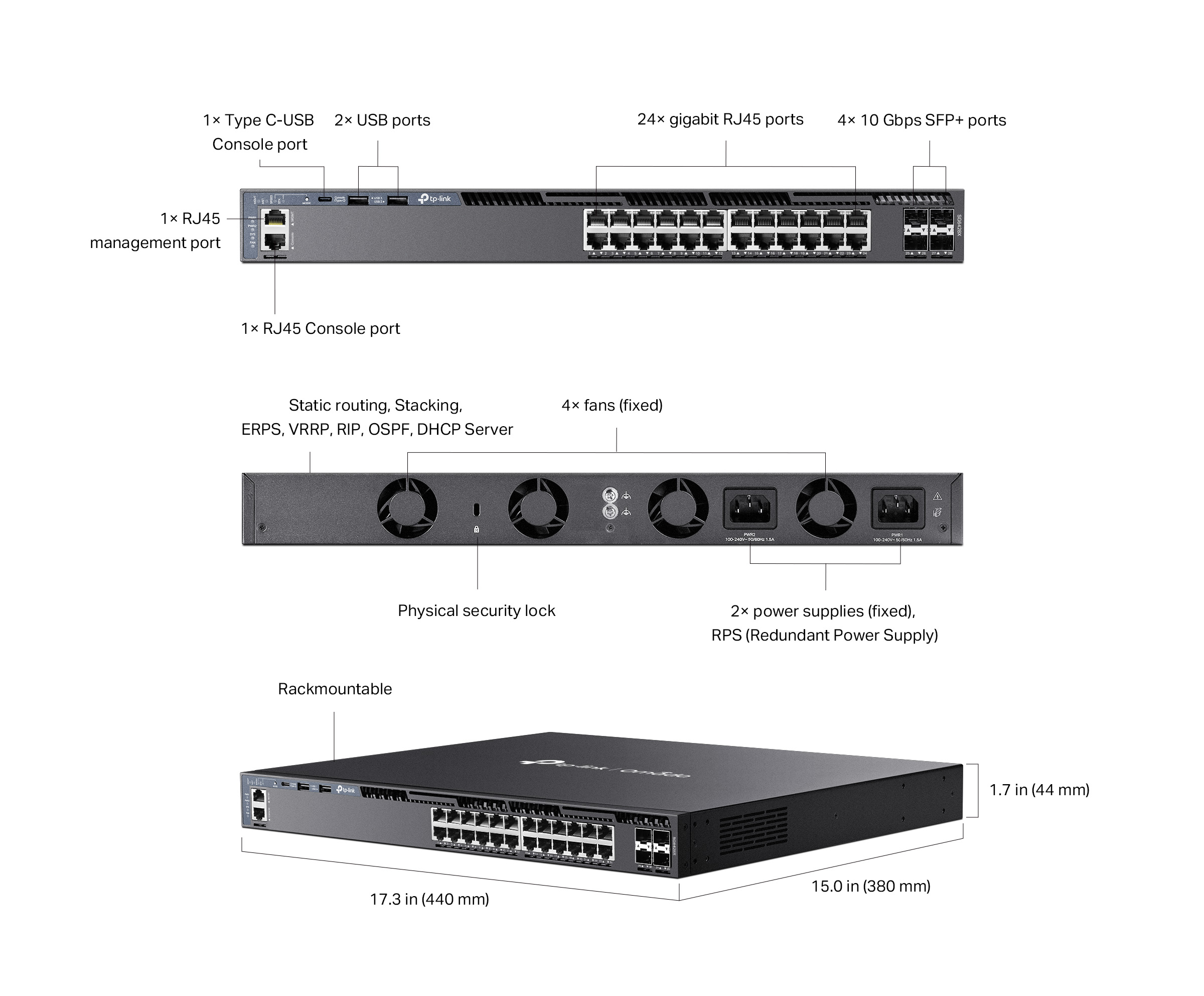 Caracteristicas tecnicas de SG6428X Switch administrable Omada L3, 24 Gb, 4 SFP+ 10G