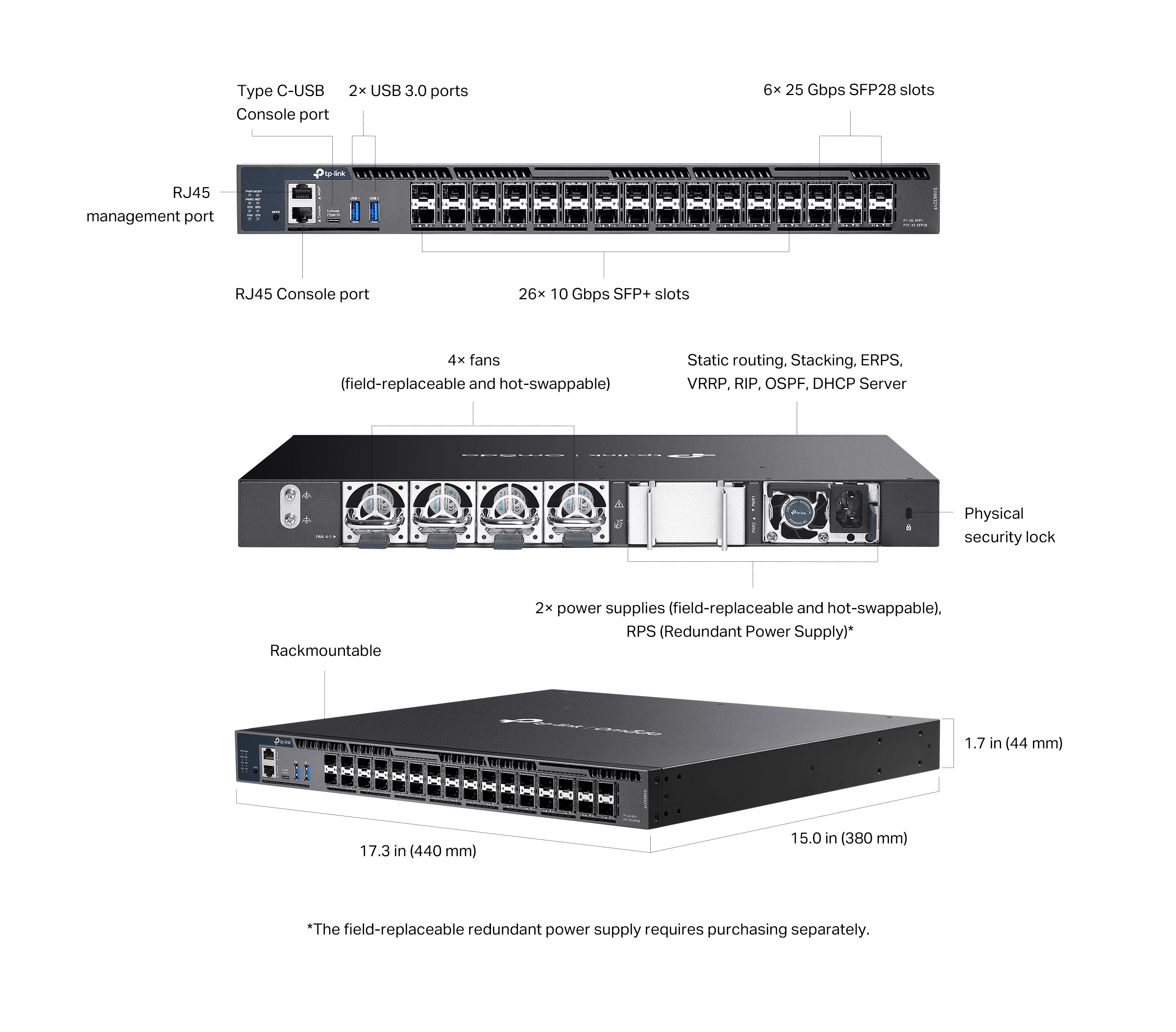 Caracteristicas tecnicas de OMADA SWITCH STACKABLE ADMINISTRADO L3 APILABLE DE 26 PUERTOS 10G DE CON 6 RANURAS DE 25G