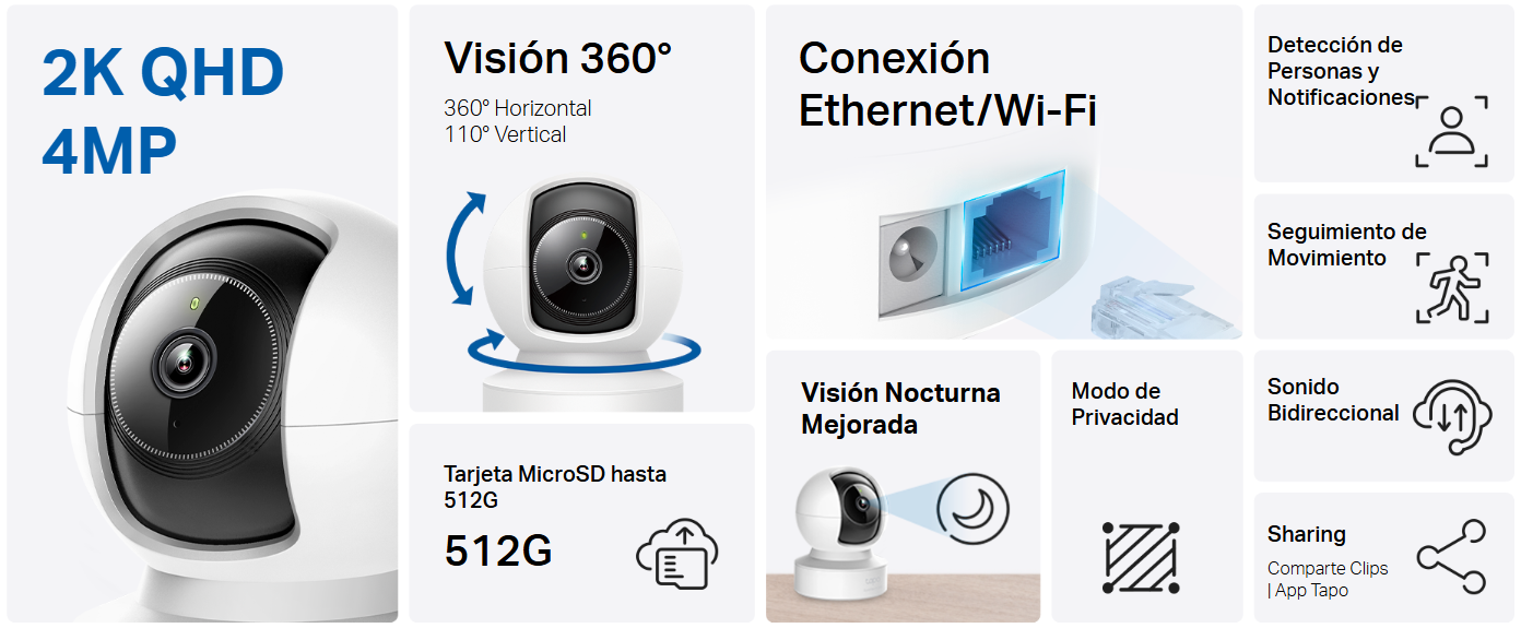 Caracteristicas tecnicas de Tapo C222 camara Tapo interior wifi y ethernet 4MP 2560x1440 2K QHD