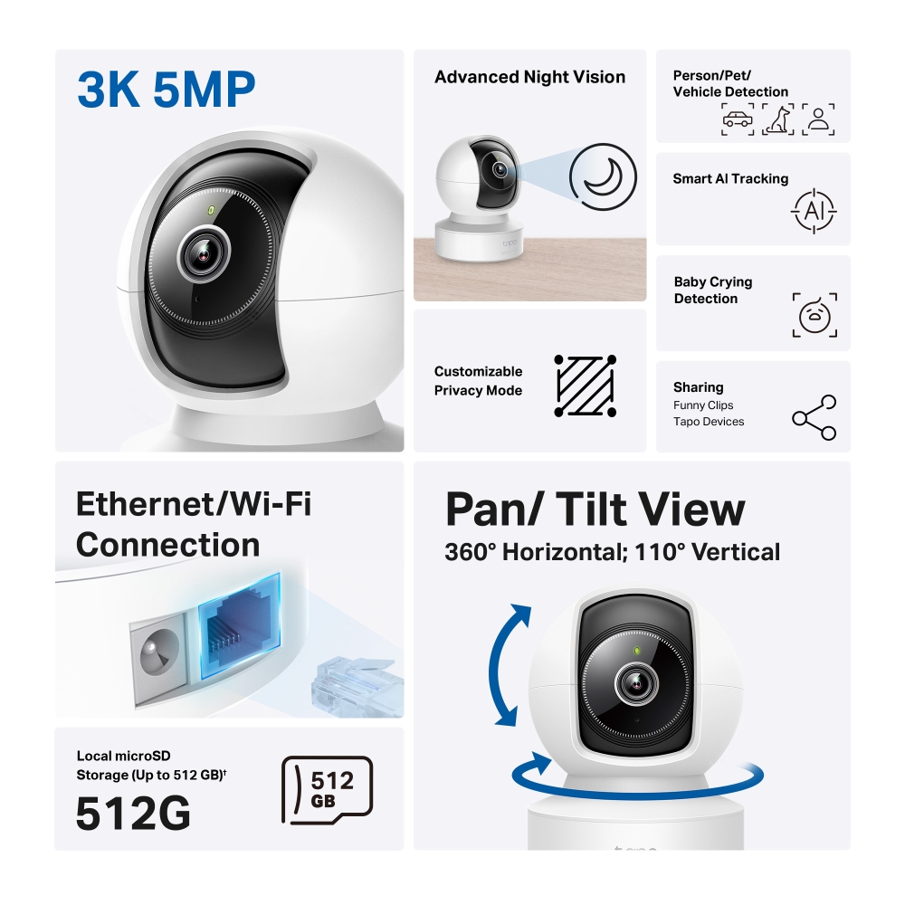 Caracteristicas tecnicas de Tapo C232 TAPO Cámara WiFi interior PT 3K 5MP, 2.4GHz, 360°, IA detección